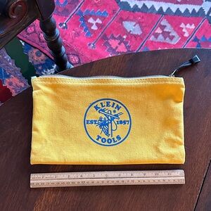 Yellow “KLEIN TOOLS est. 1857” canvas bag w brass zip. Great vintage vibes